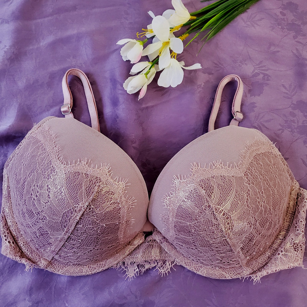 Victorias Secret Dream Angels Mauve Pink Gold Lace Push Up Bra Size 34C Shimmer